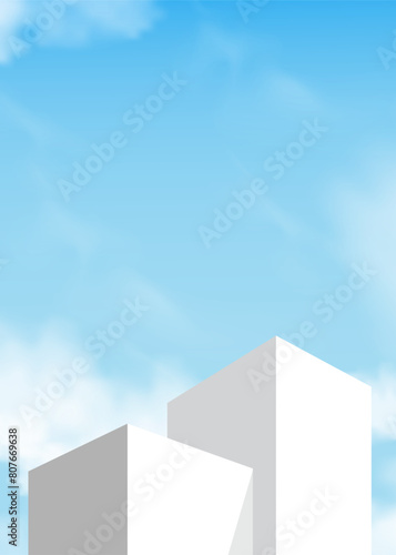 Sky Blue,Cloud with White Podium Step Background,Platform 3d Mockup Display Stage Stand for Summer Cosmetic Product Presentation for Sale,Promotion,Web online,Nature Spring Sky with Building wall