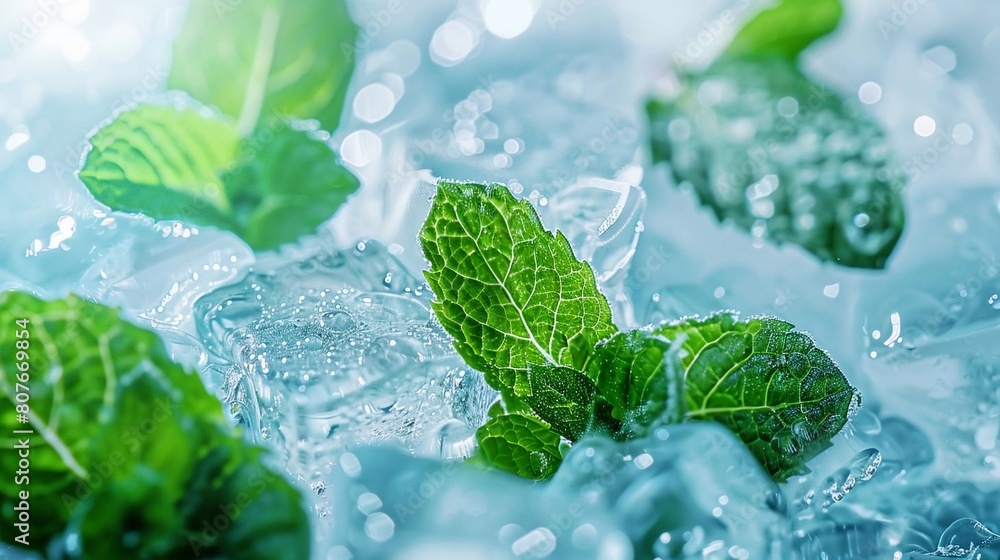 green peppermint leaves in ice cubes, light background, closeup image green peppermint leaves in ice cubes, light background, closeup image