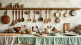 A beautiful still life of a rustic kitchen with wooden utensils, pottery, and a green tablecloth.