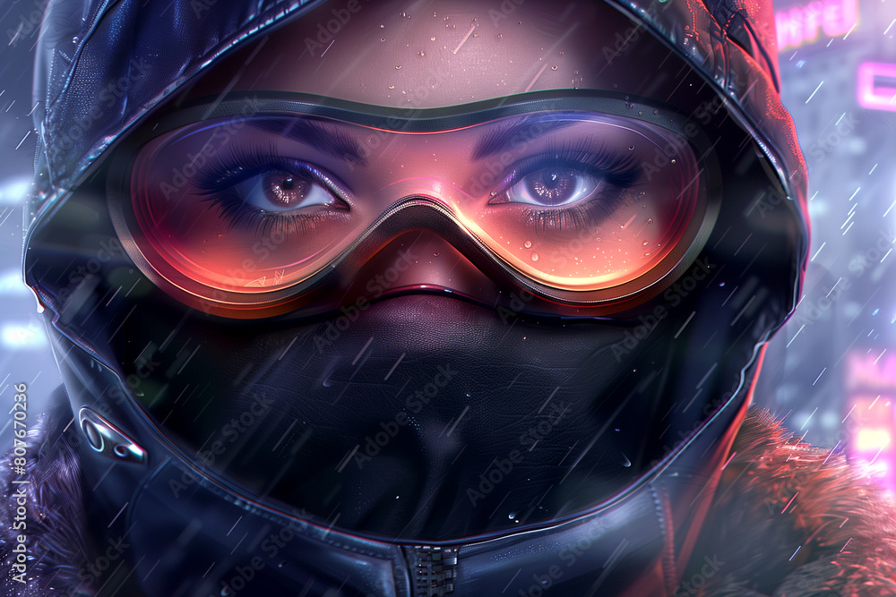 A woman wearing a black mask and goggles is shown in a rainy city A woman wearing a black mask and goggles is shown in a rainy city