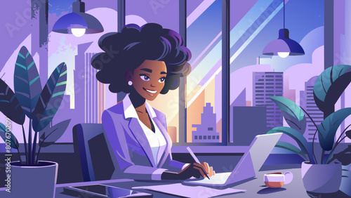 The image is a vibrant, cartoon-style illustration depicting a group of individuals, appearing to be women, engaged in various professional activities in an office or co-working environment.