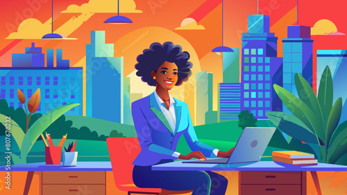 The image is a vibrant, cartoon-style illustration depicting a group of individuals, appearing to be women, engaged in various professional activities in an office or co-working environment.