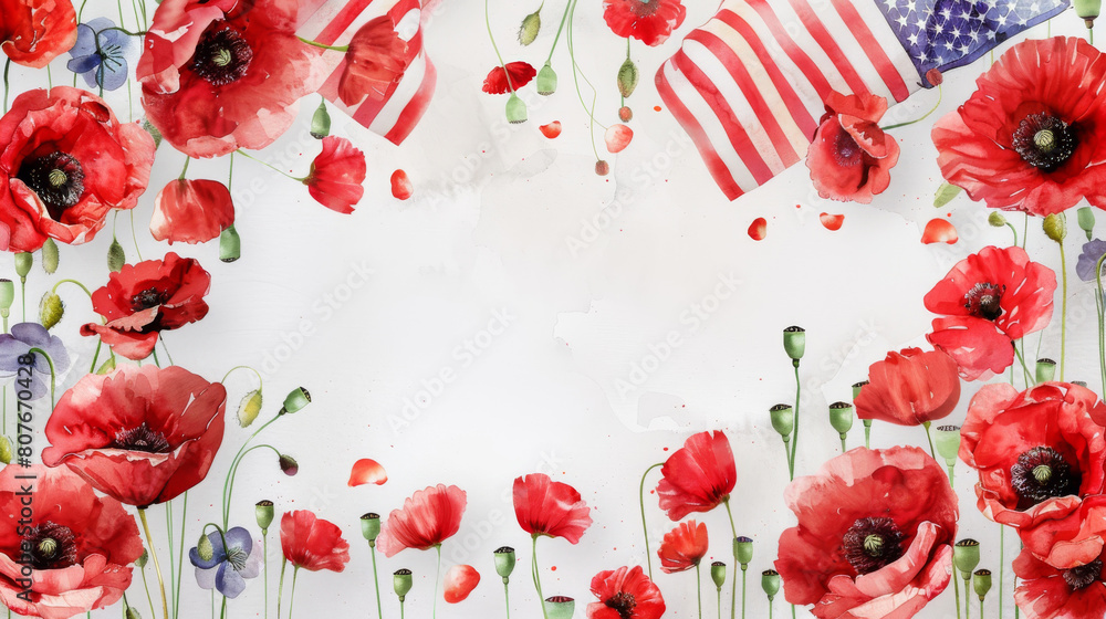Red poppies and an American flag as a frame, memorial day background ...