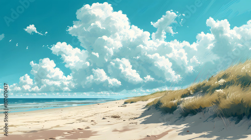 The beach is bathed in a soft light, with the azure sky above dotted with fluffy clouds, creating a scene of serene beauty