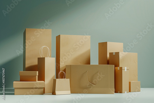 a series of realistic product package boxes arranged neatly, with a blank craft shopping bag beside them, creating an ideal web store scene.