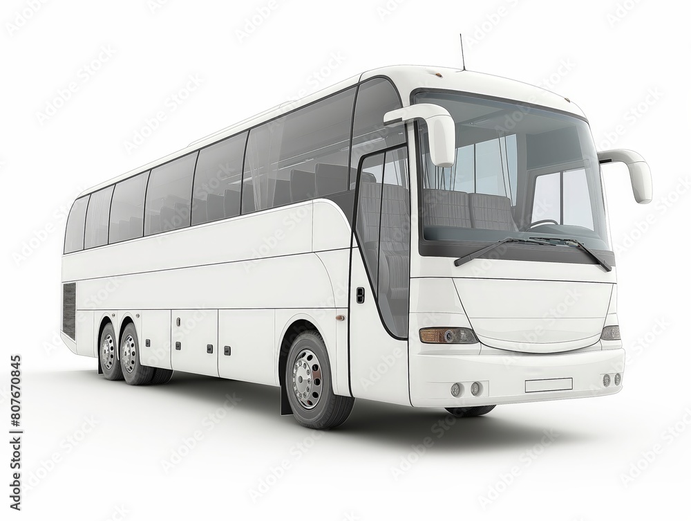 A sleek white coach bus designed for travel and tourism isolated on a white background.