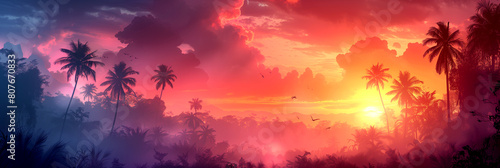 Vibrant afterglow illuminates palm trees against an orange sky © Bonya Sharp Claw