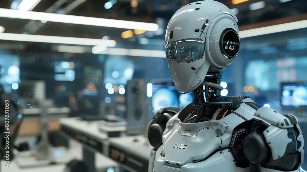 A futuristic workplace equipped with AI assistants, robots, and augmented reality tools, showcasing the integration of technology into daily operations 
