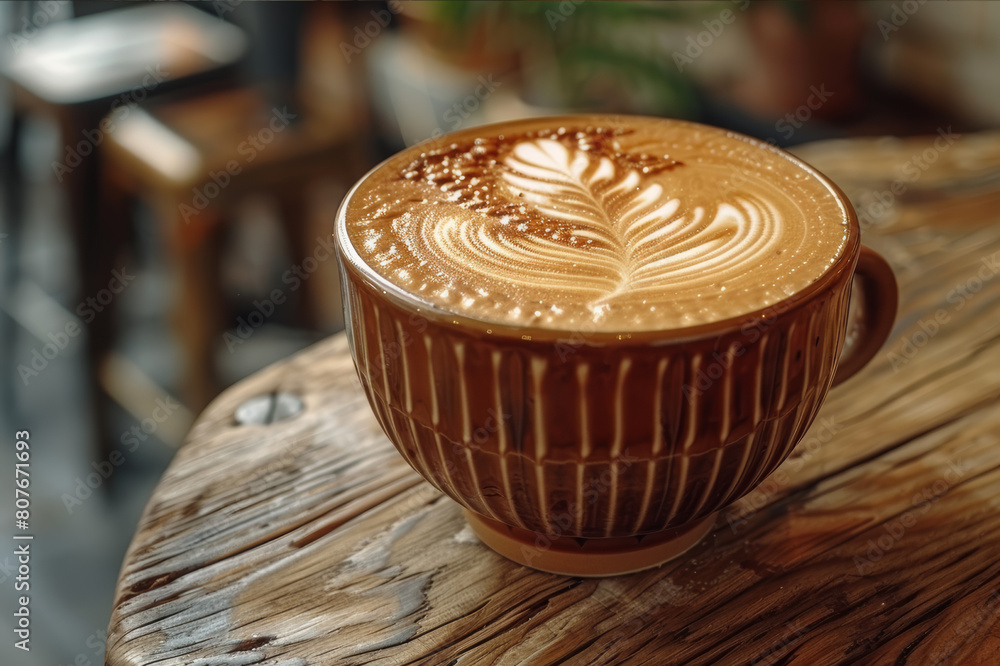 Detailed leaf design in latte foam, served on a rustic table in a quiet coffee shop corner. AI generated.