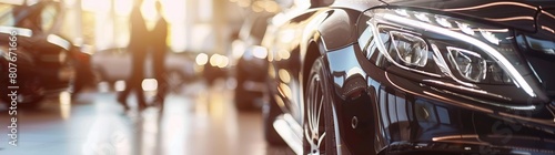 Close-up of the headlights of a modern car in a car dealership