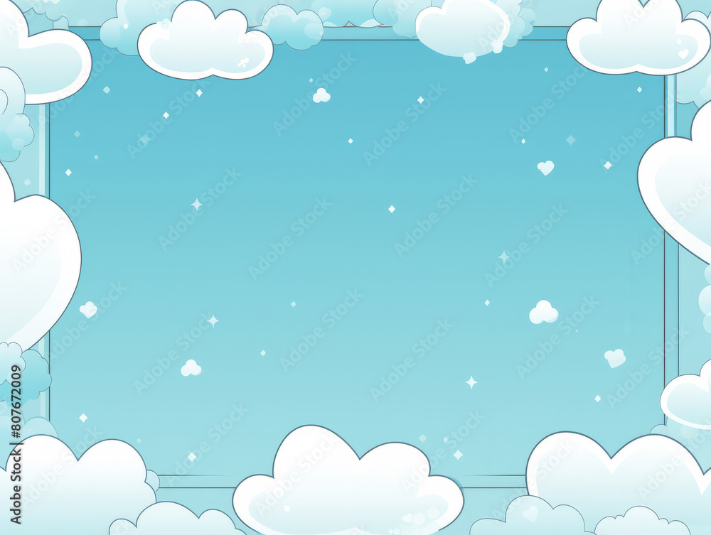 Blue sky and white clouds background decorated with green leaves and white flowers
