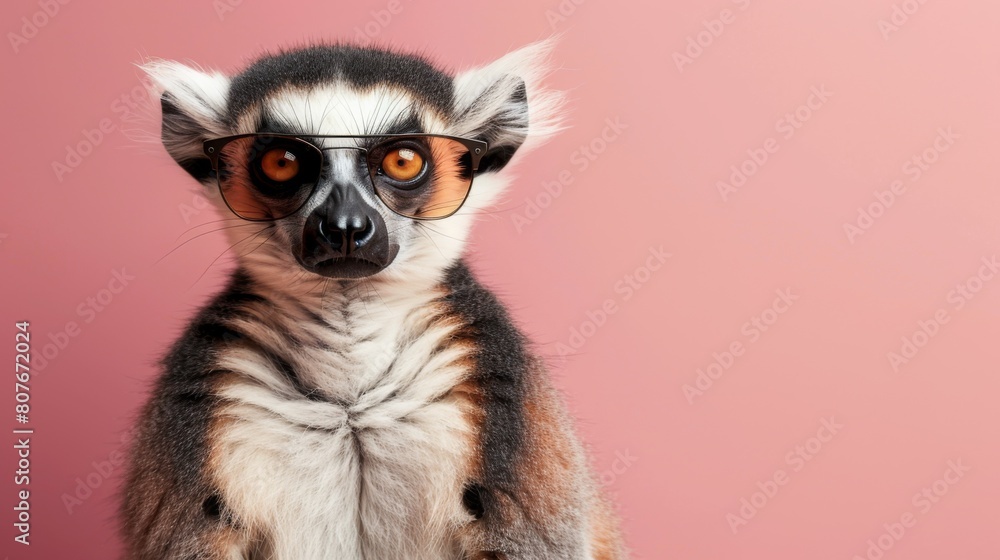Obraz premium A stylish lemur wearing glasses on pink background. Animal wearing sunglasses