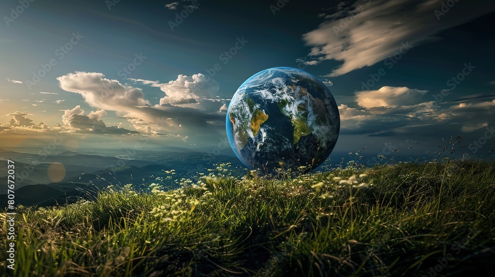 Earth planet on green grass with flowers and blue sky. Earth planet on green grass with flowers and blue sky.