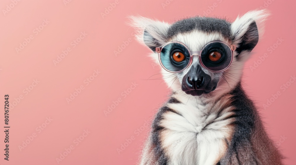 Fototapeta premium A stylish lemur wearing glasses on pink background. Animal wearing sunglasses