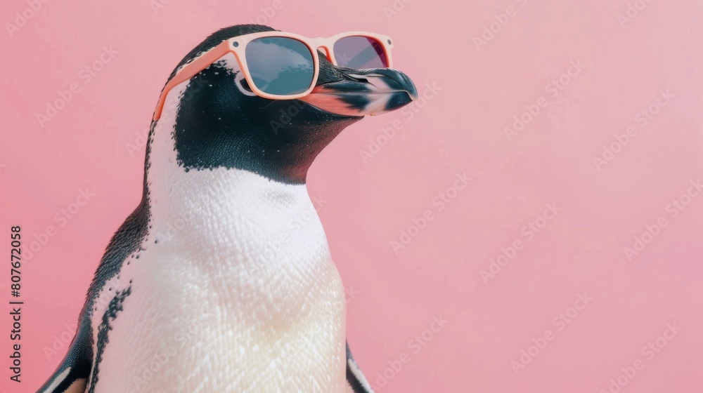 Fototapeta premium A stylish penguin wearing glasses on pink background. Animal wearing sunglasses
