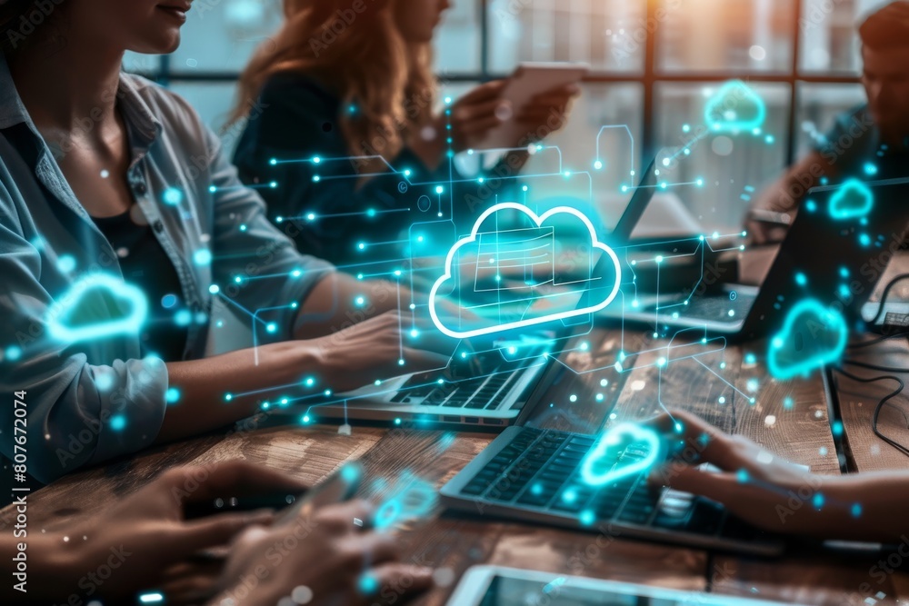 Collaborative efforts in a tech Laptop virtual office are powered by innovative coworking technology and cloud hosting Collaborative efforts in a tech Laptop virtual office are powered by innovative coworking technology and cloud hosting