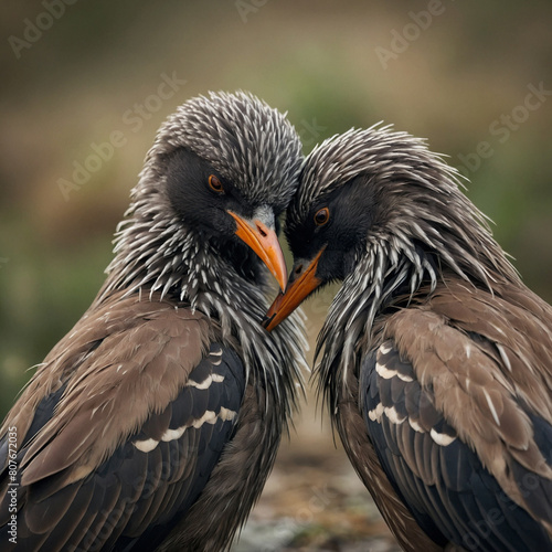 Two migratory birds sharing a tender moment as they preen each other s feathers  their bond unbreakable even in the face of adversity. 