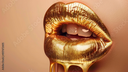 Enhance the image of golden lips with realistic details and textures, and add a subtle hint of elegance.