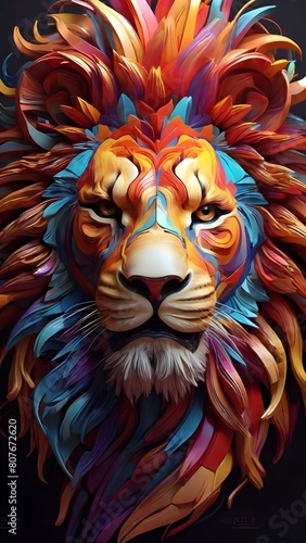 3D vector rainbow colored  wavy fractal neon Lion head.