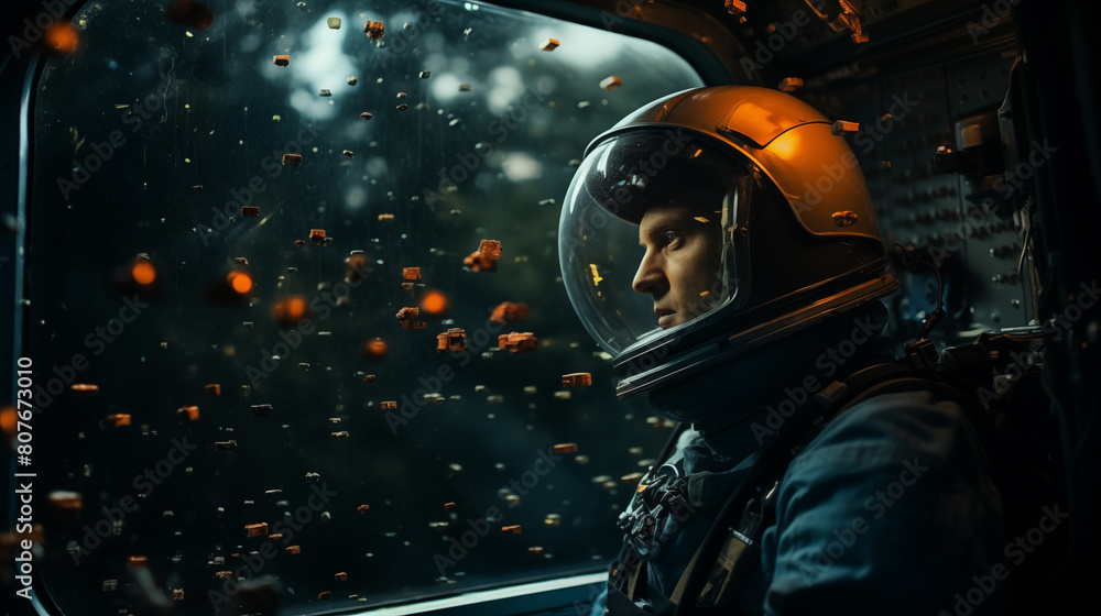 Astronaut peers out window at floating space debris closeup image. Spaceman close up photography marketing. Cosmos concept photo realistic. Lights flickering on spaceman helmet picture Astronaut peers out window at floating space debris closeup image. Spaceman close up photography marketing. Cosmos concept photo realistic. Lights flickering on spaceman helmet picture