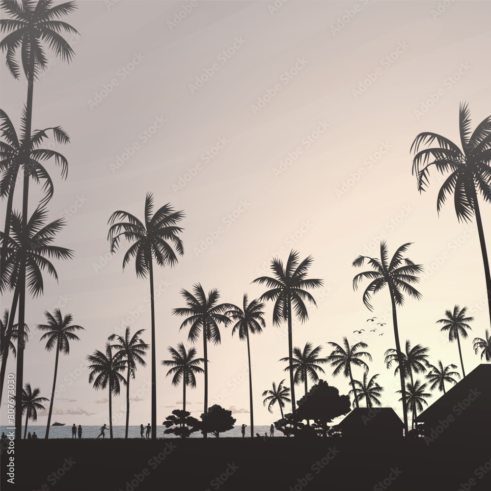 Fototapeta premium Silhouetted coconut palm trees at the beach with vanilla sky square background vector illustration. Summer traveling and party at the beach concept flat design with blank space.