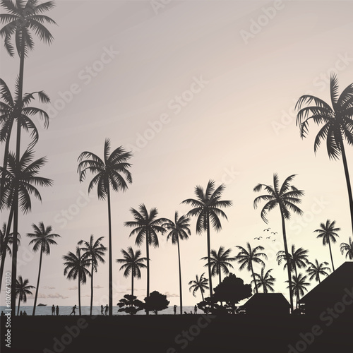 Silhouetted coconut palm trees at the beach with vanilla sky square background vector illustration. Summer traveling and party at the beach concept flat design with blank space.