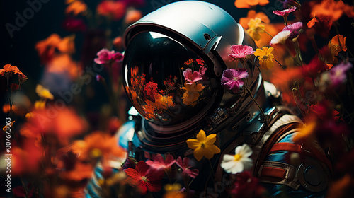 Cosmonaut helmet figure surrounded by vibrant flowers closeup image. Garden astronaut close up photography marketing. Surreal concept photo realistic. Floral reflection visor picture photo