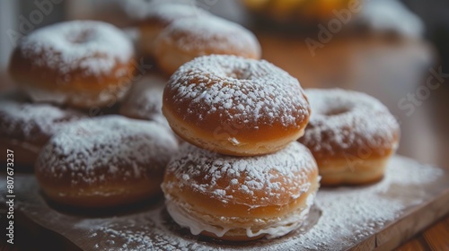 Close-up of freshly baked donuts on display in a bakery