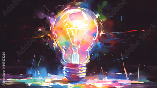 Big stylized light bulb on white background drawn with splashes of colored paint. Concept of innovation and creativity