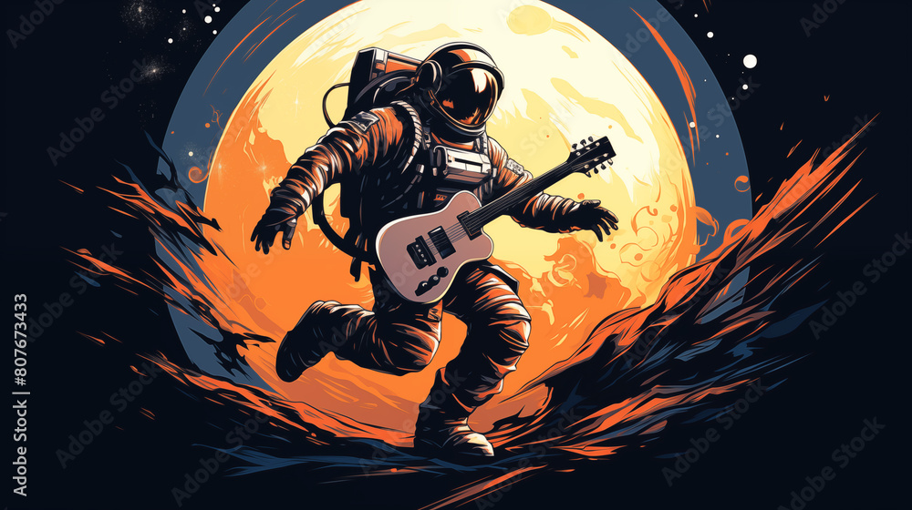 Astronaut plays guitar against large bright moon ai generated 2D cartoon illustration Astronaut plays guitar against large bright moon ai generated 2D cartoon illustration