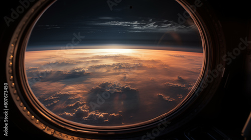 View through spacecraft porthole of celestial sunrise photo. Clouds glowing against dark sky image background wallpaper. Cosmic dawn photography. Earthlike atmosphere concept picture photo