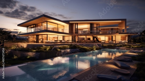 modern luxury house with swimming pool lit up at night.AI generated image