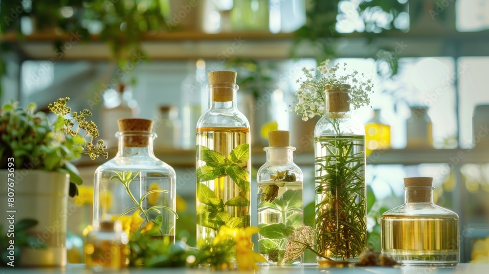 oil bottles and scientific glasses, alternative herbal medicine, natural skin care beauty products.AI generated image oil bottles and scientific glasses, alternative herbal medicine, natural skin care beauty products.AI generated image