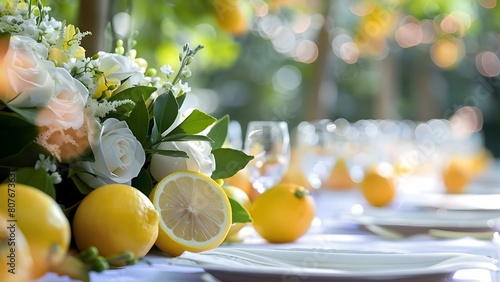 Italian wedding celebration with lemonthemed decor table setting and festive ambiance. Concept Italian Wedding, Lemon Theme, Table Setting, Festive Ambiance, Celebration photo