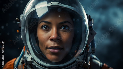 Female astronaut eyes filled with awe at cosmos closeup image. Spacewoman close up photography marketing. Woman in space concept photo realistic. Emotional gaze picture photorealistic © AImg