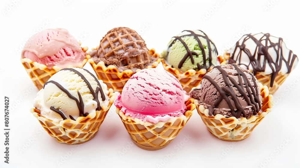 Different sorts of Ice Cream in a waffles isolated on white background : Generative AI Different sorts of Ice Cream in a waffles isolated on white background : Generative AI