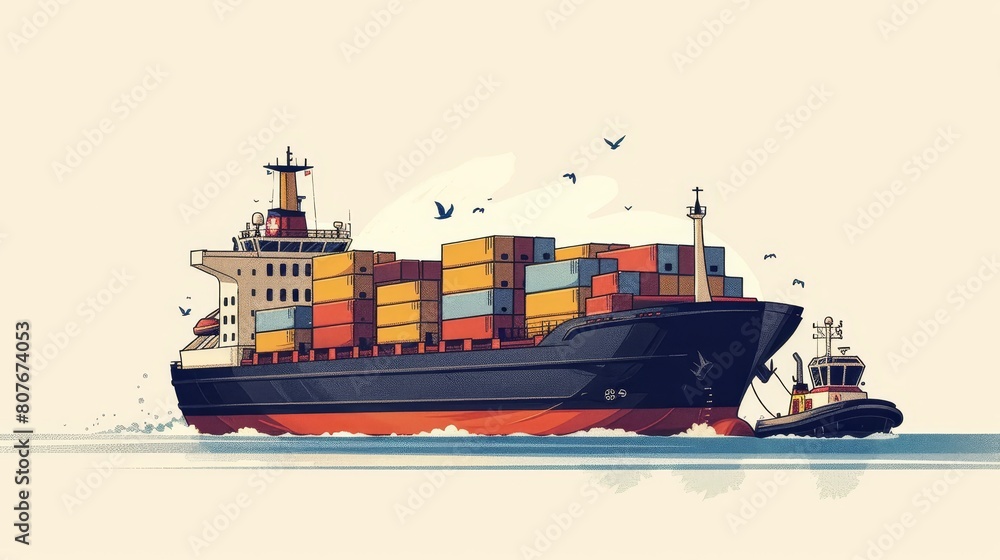 Large cargo ship and tugboat on ocean with colorful containers and seagulls flying above Large cargo ship and tugboat on ocean with colorful containers and seagulls flying above