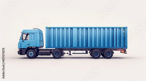 Blue truck hauling large shipping container on highway