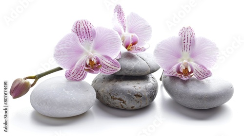 stones and white orchid flowers isolated on a white background.AI generated image
