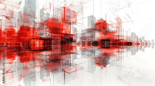 Dynamic urban architecture conceptual illustration with striking red accents
