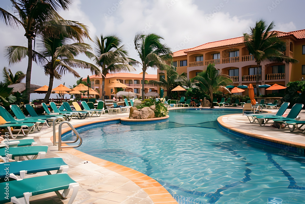 Swimming pool and sun loungers at stylish tropical spa hotel, summertime banner mockup. Summer travel sales and vacation concept.