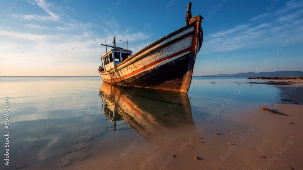 Fishing boats at sunrise on the beach.AI generated image