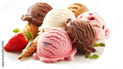 Ice cream scoops in cones with chocolate vanilla and strawberry isolated on white background Collection with clipping path   Generative AI