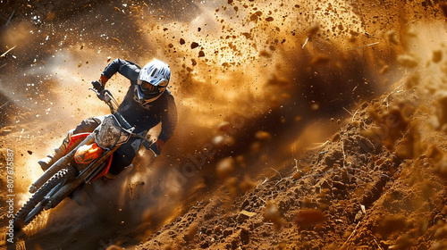 dirt bike rider kicking up rooster tails of dirt on a motocross track