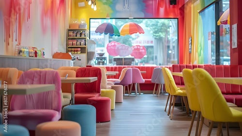 Lofi animethemed cafe with vibrant colors cozy atmosphere and relaxing ambiance. Concept Anime-themed Cafe, Vibrant Colors, Cozy Atmosphere, Relaxing Ambiance, Lofi Music photo