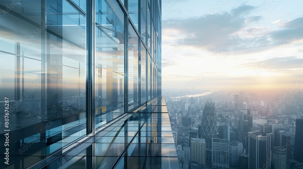 A panoramic view of a sleek, glass-walled office tower against a city skyline, symbolizing corporate power and ambition 