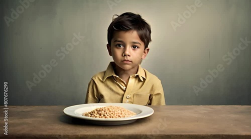 Illustrative Depiction of Nutritional Deficiency in Childhood: Boy with Soybeans on Plate photo