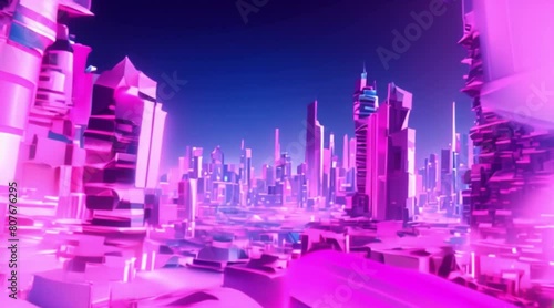 Surreal Low Poly Cityscape with Blue and Pink Structures Illustration