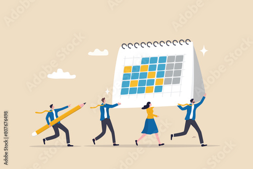 Project schedule, employee timetable, team meeting schedule or appointment, calendar date planning, agenda or project deadline concept, businessman and woman carry big calendar plan with pencil.