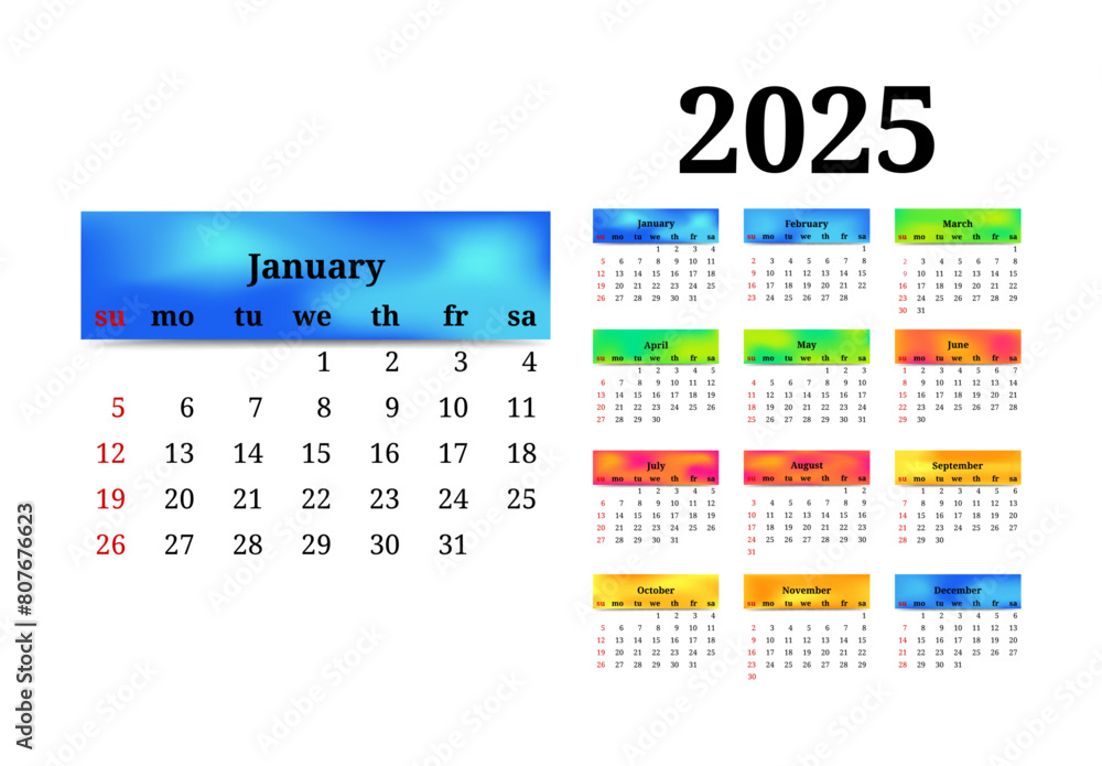 Calendar for 2025 isolated on a white background Calendar for 2025 isolated on a white background